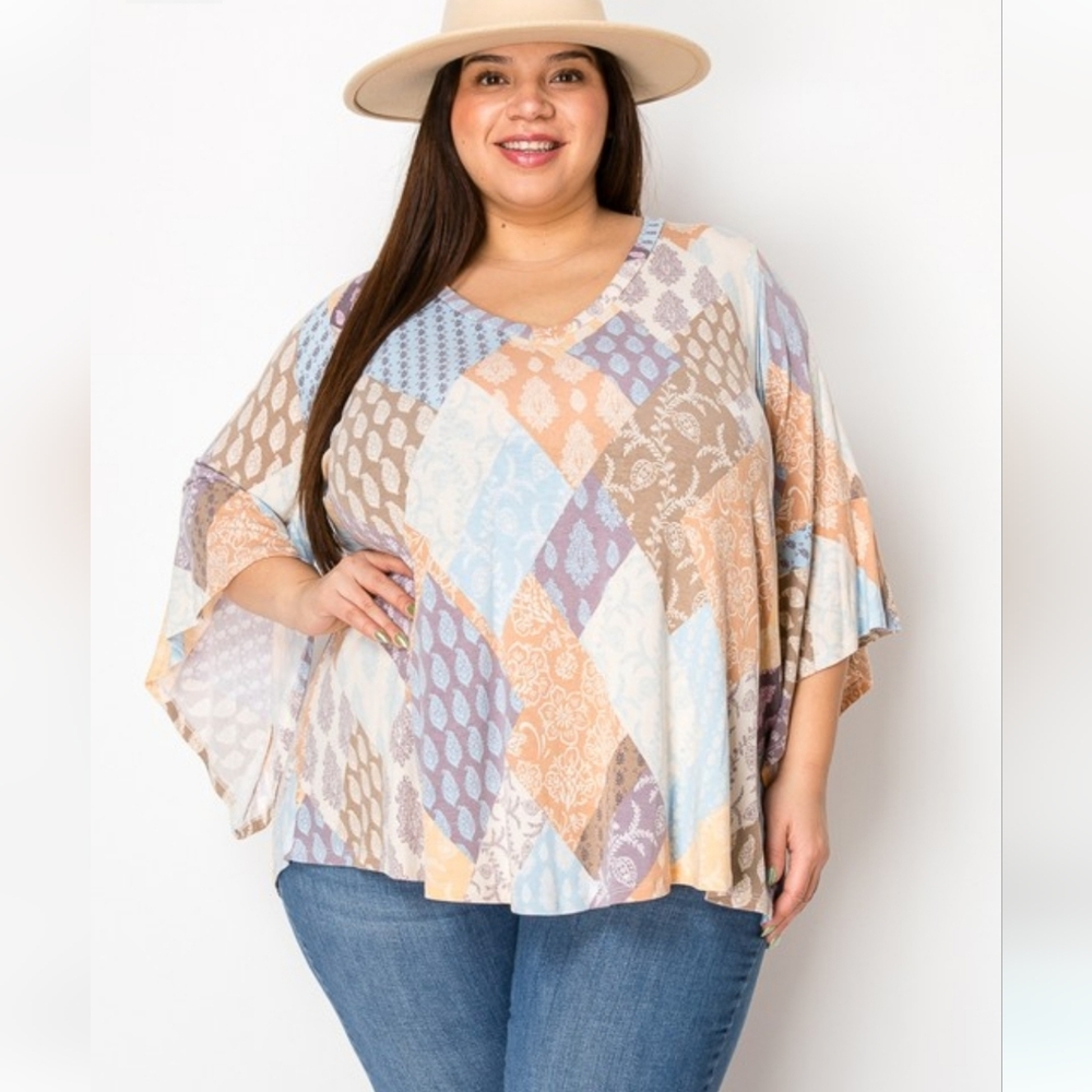 NWOT Chic Patchwork Women's V Neck Boho Blouse